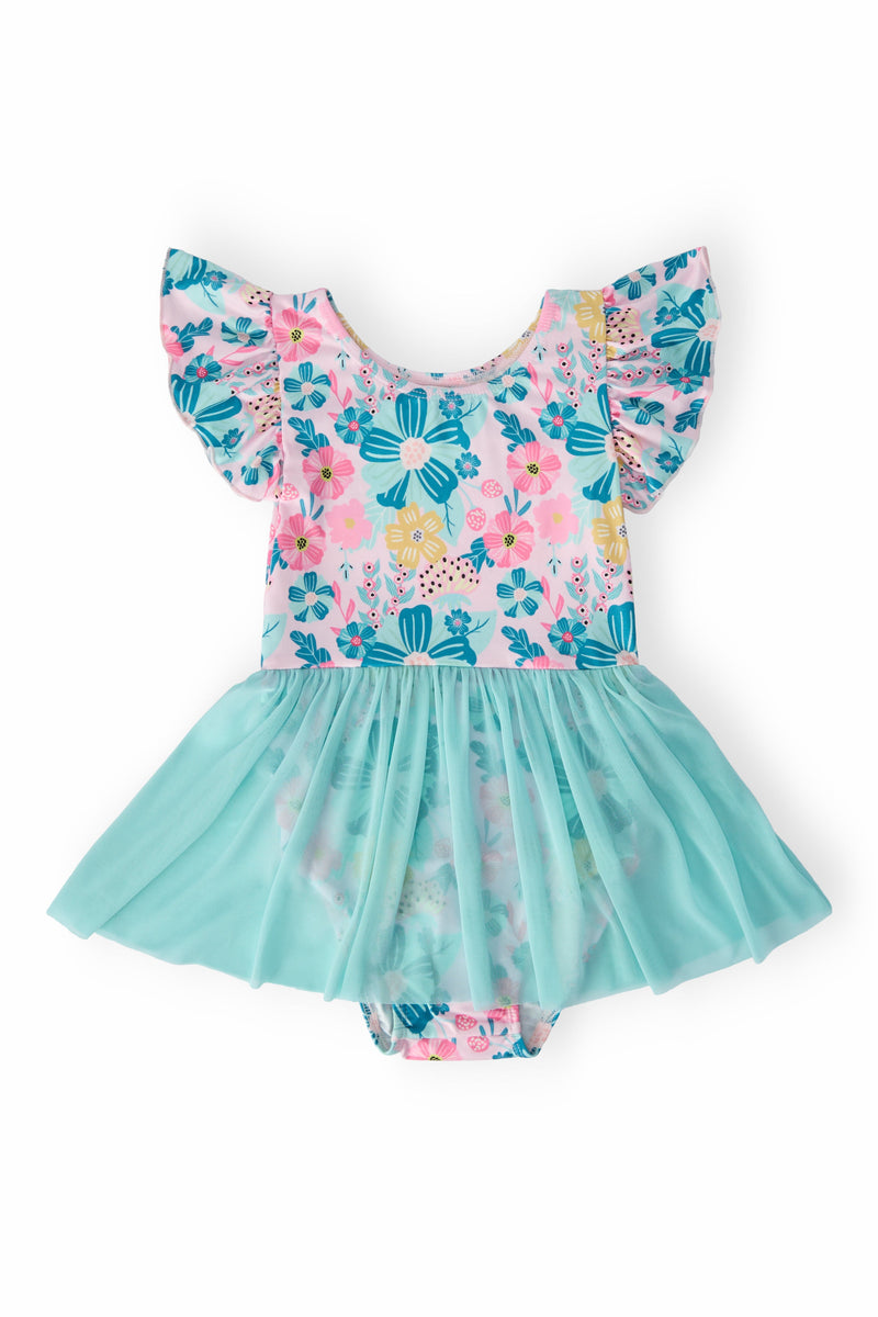 Floral Garden Short Sleeve Twirl Leotard for Girls featuring a colorful floral design with a light teal tulle skirt, perfect for dance.