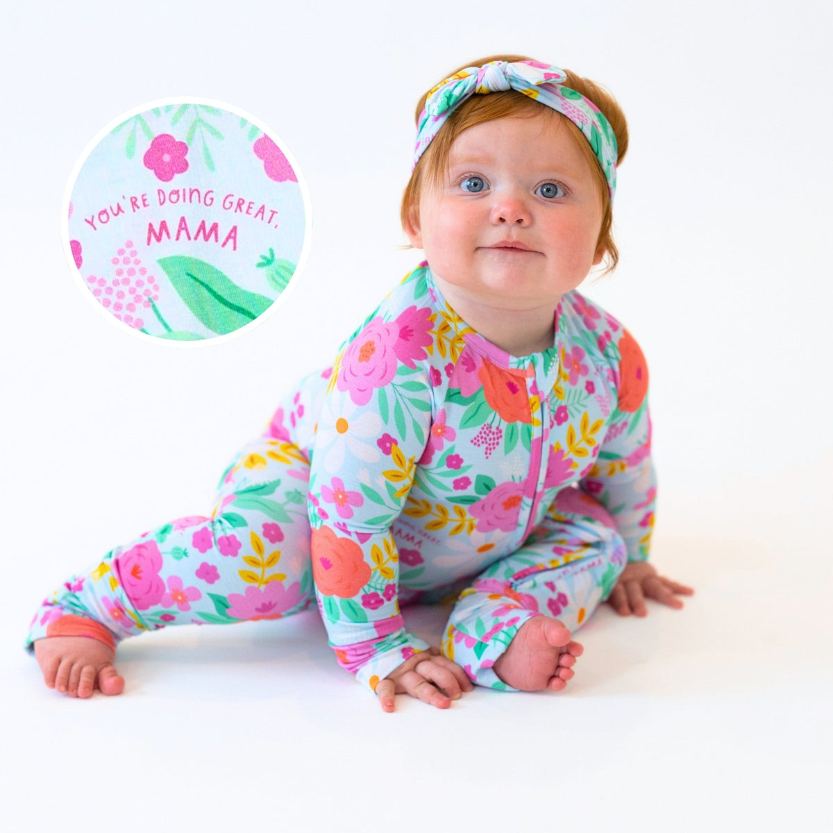 Baby in The Second-Skin Convertible Romper | Flower Power, bright floral print with matching headband.
