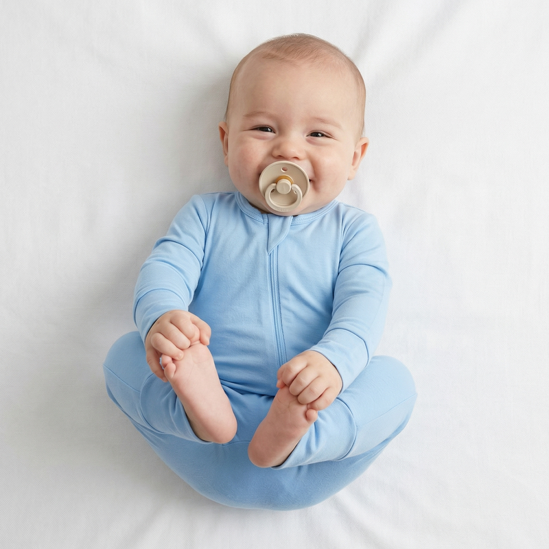 Smiling baby wearing light blue zippered footie pajamas lying on white textured sheet holding beige pacifier
