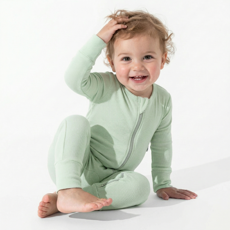 Smiling toddler in sage green convertible footless sleepers sitting on floor with cuffs folded down
