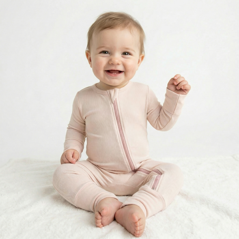 Baby wearing sand ribbed knit footie pajamas with folded cuffs and front zipper sitting on white textured blanket