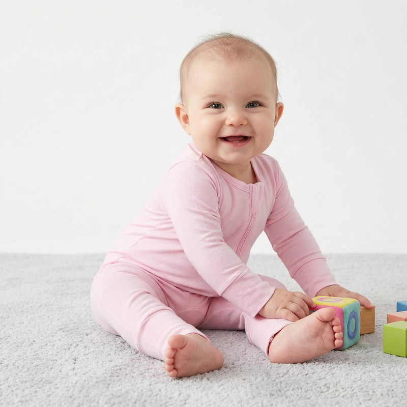 Baby in pink bamboo footie pajamas playing with wooden blocks on grey rug