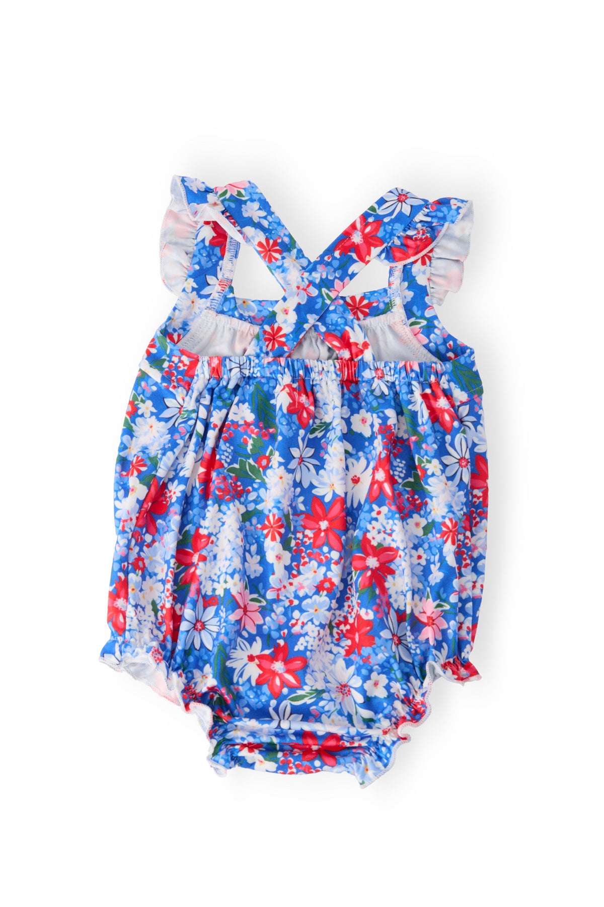 Freedom Flowers Ruffle Cross Back Romper in blue floral print with crisscross straps