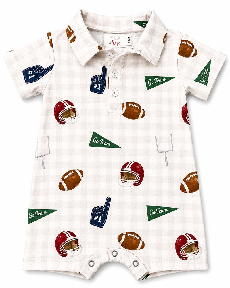 Friday Night Lights Polo Shorty One-Piece for boys, polo-style baby romper with football print and snap closure.