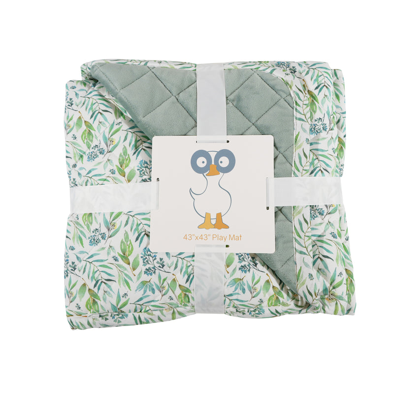 Packaged Goosewaddle® Super Soft Play Mats in green and white leaf patterns, perfect for enriching playtime experiences.