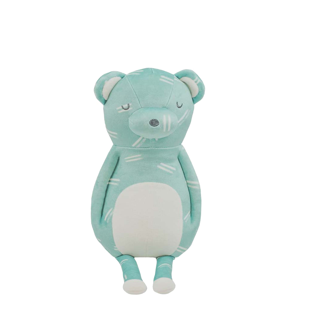 Finn Bear Mini Printed Plush by Goosewaddle® features a charming turquoise bear design with a friendly expression, perfect for cuddling and playtime for infants and toddlers.