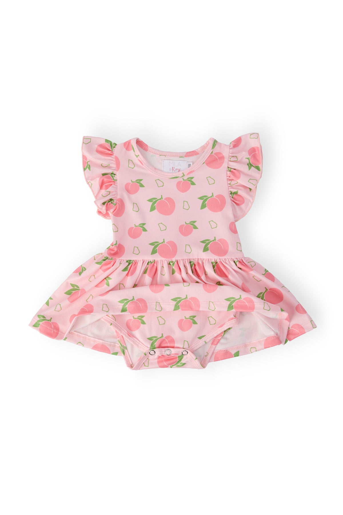 Georgia Peach Short Sleeve Flutter Twirl Bodysuit for babies with peach print, flutter sleeves, and snap closures