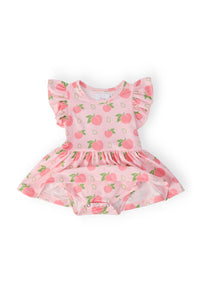 Georgia Peach Short Sleeve Flutter Twirl Bodysuit for babies with peach print, flutter sleeves, and snap closures