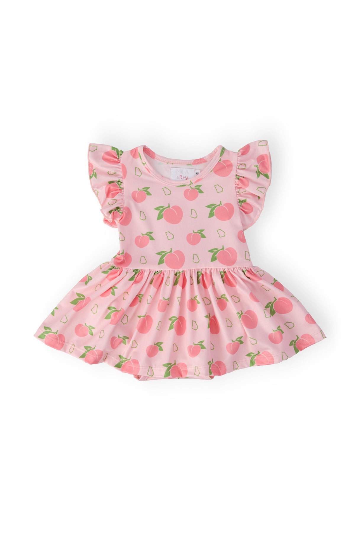 Georgia Peach pink flutter-sleeve twirl baby bodysuit with peach print.