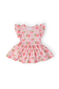 Georgia Peach pink flutter-sleeve twirl baby bodysuit with peach print.