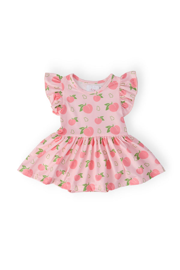 Georgia Peach pink flutter-sleeve twirl baby bodysuit with peach print.