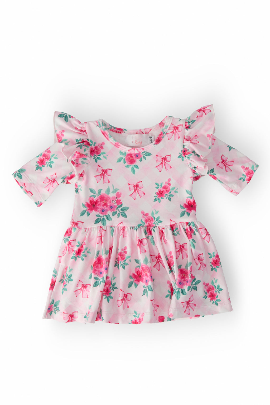 Gingham Bows 3/4 Sleeve Flutter Twirl Bodysuit displayed flat, featuring floral patterns and cute flutter sleeves, perfect for a little girl's wardrobe.