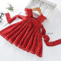 Red toddler party dress with white polka dots and puff sleeves for girls