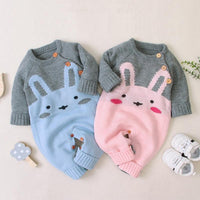 Two baby rompers with bunny designs, one blue and one pink, on a light background.