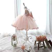 Pink tulle flower girl dress with lace trim on mannequin, styled with tiara crown, lantern, and pink flowers.