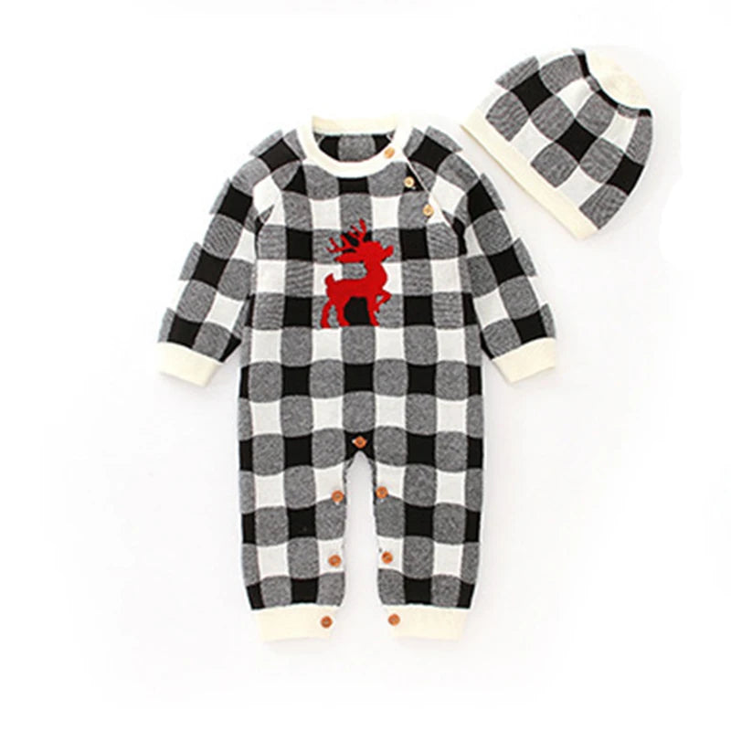 Moosey Cute Classic Baby Knit Rompers in black and white plaid with a red embroidered moose, available with a matching cap, perfect for keeping your little one stylish and cozy.