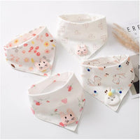Cotton triangle baby bibs with cute rabbit, heart, and floral prints. Soft absorbent drool towel for feeding time.

(112 characters)
