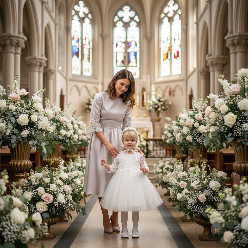 White lace dress with a matching bonnet on a gray background