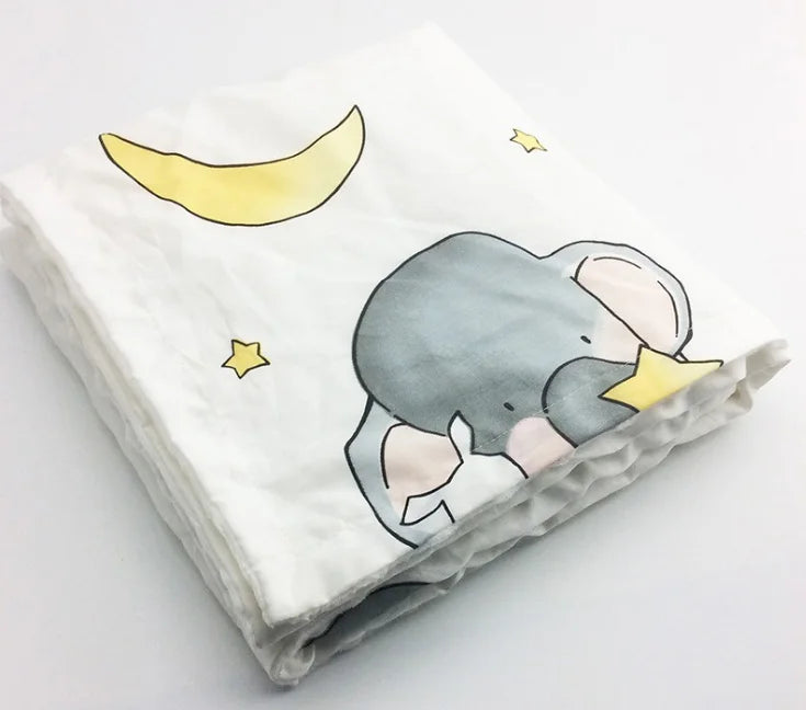 Children's Minky Blanket 2-Sided Cute Prints and Raised Dots featuring a cartoon elephant with moon and stars on white fabric