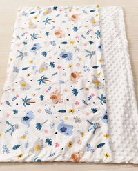 Dotted Minky blanket in colorful prints, 100 x 75 cm, lightweight polyester-cotton, white side with dotted back.