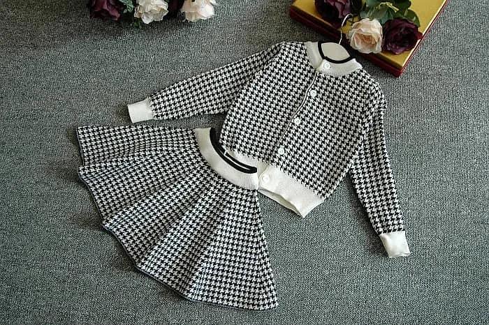"Sacha-Marie" Knitted Girls Houndstooth Skirt Set - 2 Classic Colors - The Palm Beach Baby