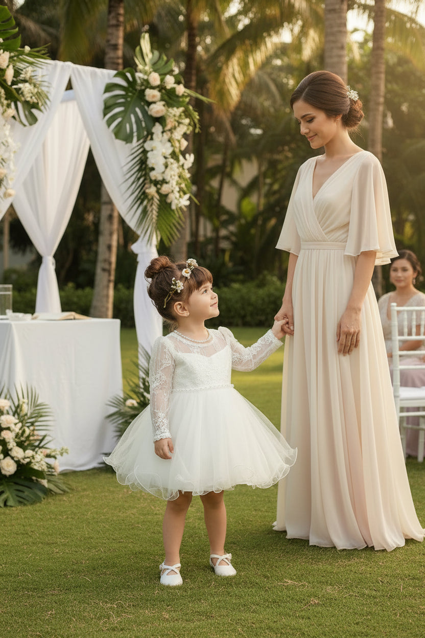 Young girl in a white dress standing against a plain background
