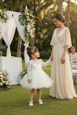 Young girl in a white dress standing against a plain background