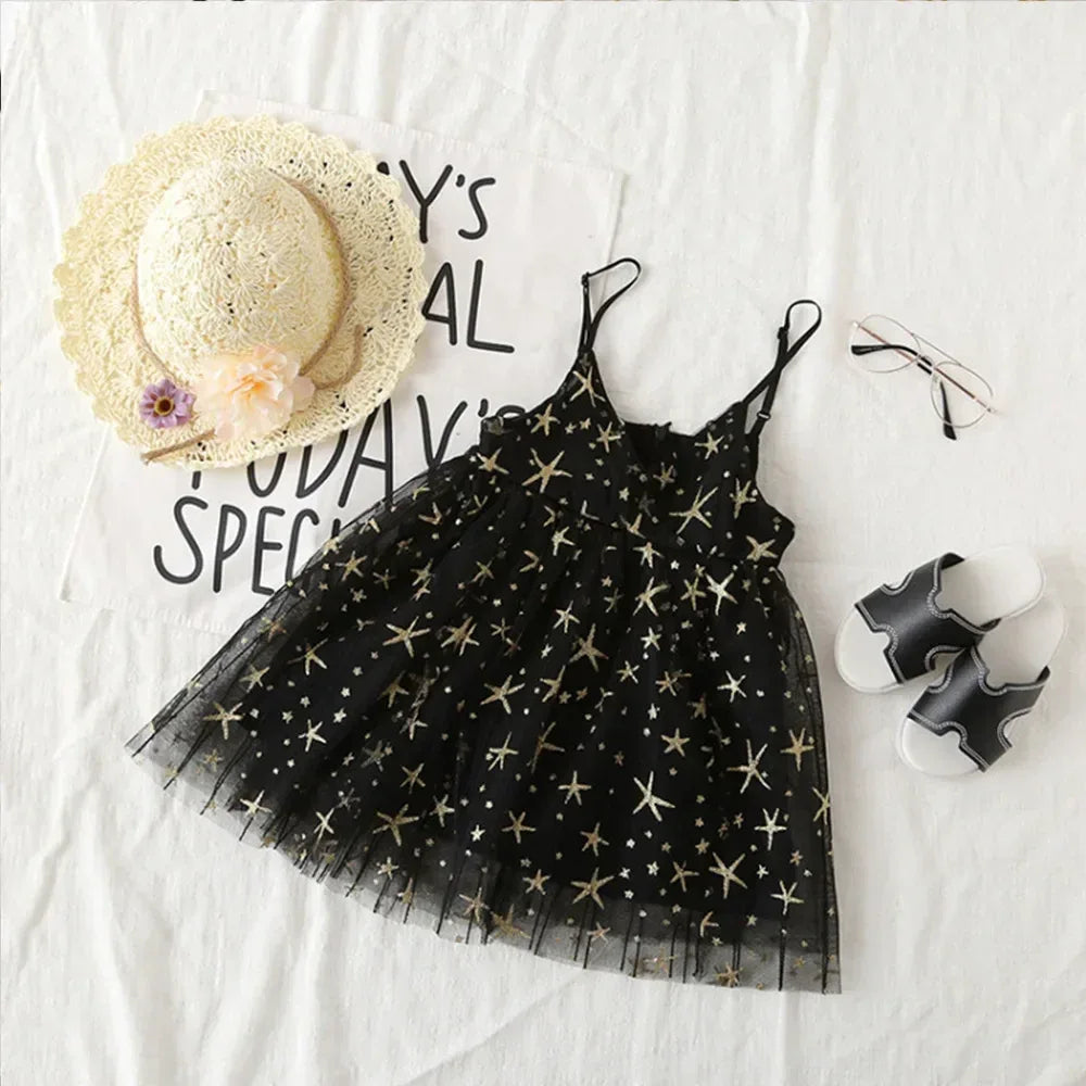 Star Sweetie Flowy Voile Dress - Enchanting Sleeveless Dress with Gold Stars - The Palm Beach Baby