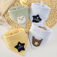 Soft cotton triangle baby bibs with cute bear and star patches. Breathable saliva towels keep infants dry during feeding.