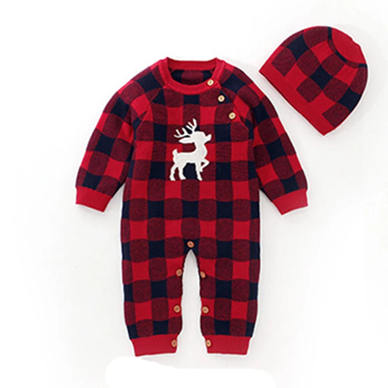 Moosey Cute Classic Baby Knit Rompers in festive Holiday Red with matching cap, featuring an embroidered moose design.