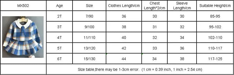 Size chart for "Sacha Elise" Knitted Girls Plaid Skirt Set, detailing measurements for ages 2 to 6, including clothes and sleeve lengths.