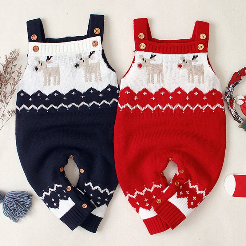 Adorable Reindeer Winter Cutie Baby Knit Romper Overalls in navy and red, featuring reindeer patterns and button details.