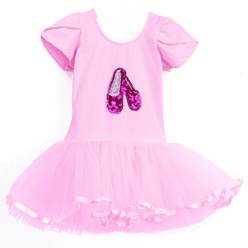 Front view of the 'Poppy' Pink Sequined Slipper Chiffon Tutu Dress displayed, featuring a charming pink color with a fluffy tutu skirt and sequined details.
