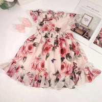 A Rosie Day Chiffon Party Dress displayed flat, showcasing the elegant toddler dress with pink roses and ruffled accents, ideal for parties and celebrations.