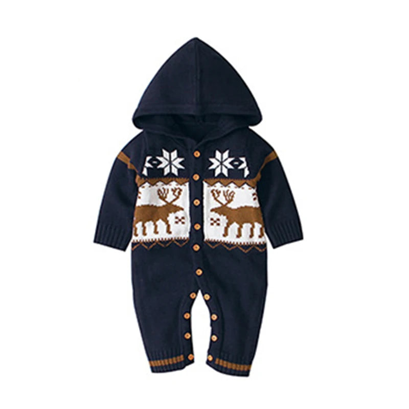 Here Moosie! Baby Knit Long Sleeve Hoodie Rompers in classic navy, featuring an adorable moose pattern, suitable for layering in any season. Soft, breathable fabric with convenient button closures.