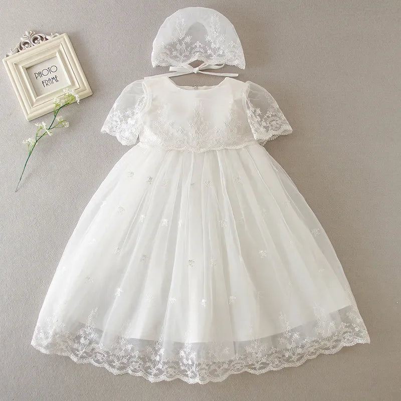 'Nicolette' White Lace Dress with Matching Bonnet for Newborns to 24 Months - Elegant Special Occasion Wear - The Palm Beach Baby