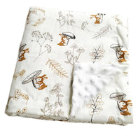 Two-sided children's Minky blanket with bunny and mushroom prints, raised dot texture, white background, 100 x 75 cm
