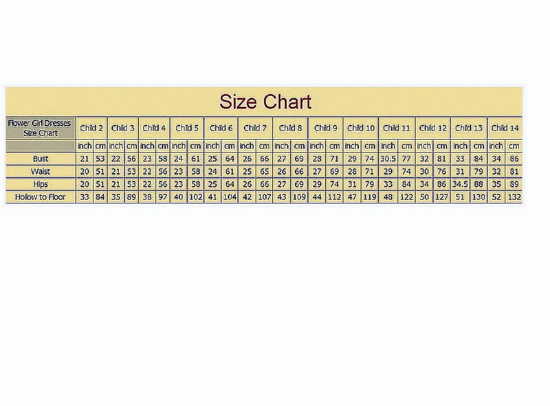 Size chart for flower girl dresses including measurements for the 'Arora' Puffed Sleeved Party Dress.