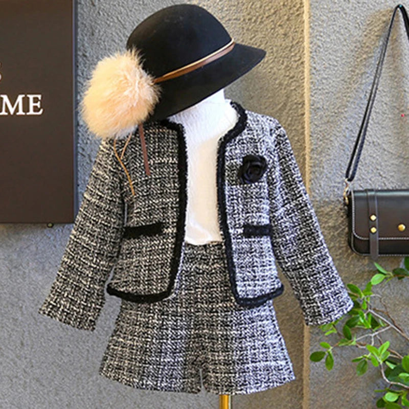 Elegant 'Sacha Antoinette' Knit Skirt Set in sophisticated tweed, showcasing a trendy look for fall winter girls outfits. Perfect for little fashionistas aged 2 to 6.