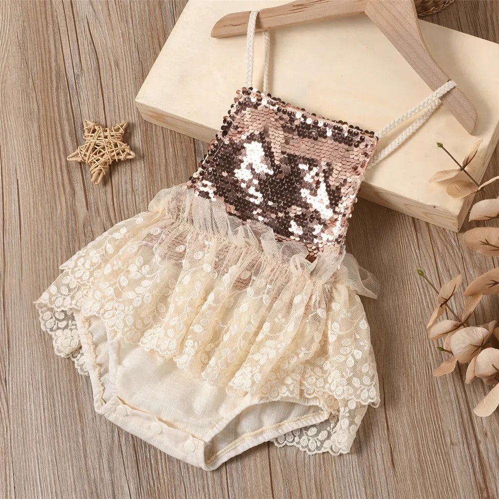'Nina' Boho Lace Romper with Sequins and Ruffled Lace Back for Babies and Toddlers - The Palm Beach Baby