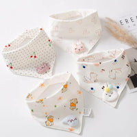 Soft cotton triangle baby bibs with cute cartoon prints and 3D animal patches to keep infants dry during feeding.