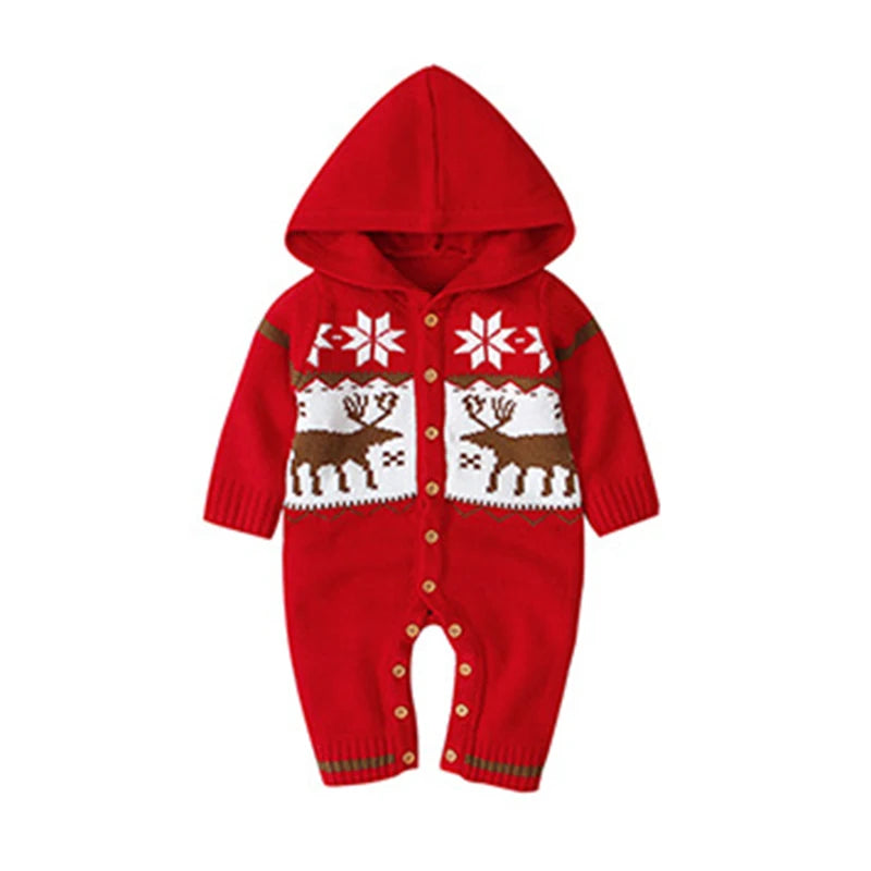 Here Moosie! Baby Knit Long Sleeve Hoodie Rompers in vibrant red with a playful moose design, perfect for chilly weather adventures. Cozy knit fabric and button closures for easy dressing.
