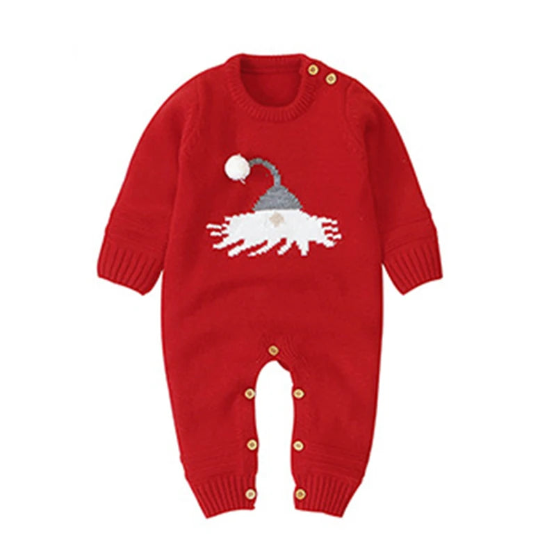 Adorable Winter Santa Baby Knit Romper in Holiday Red featuring a cheerful crocheted Santa design, perfect for festive celebrations and winter comfort.
