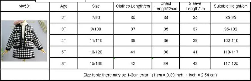 Size chart for Sacha Marie Knitted Girls Houndstooth Skirt Set, highlighting age-appropriate sizes for optimal comfort and style.