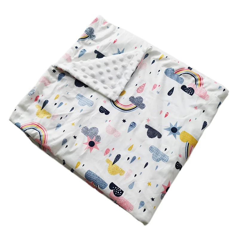 Two-sided children's minky blanket with raised dots and colorful prints (rainbows, stars, clouds), 100x75 cm