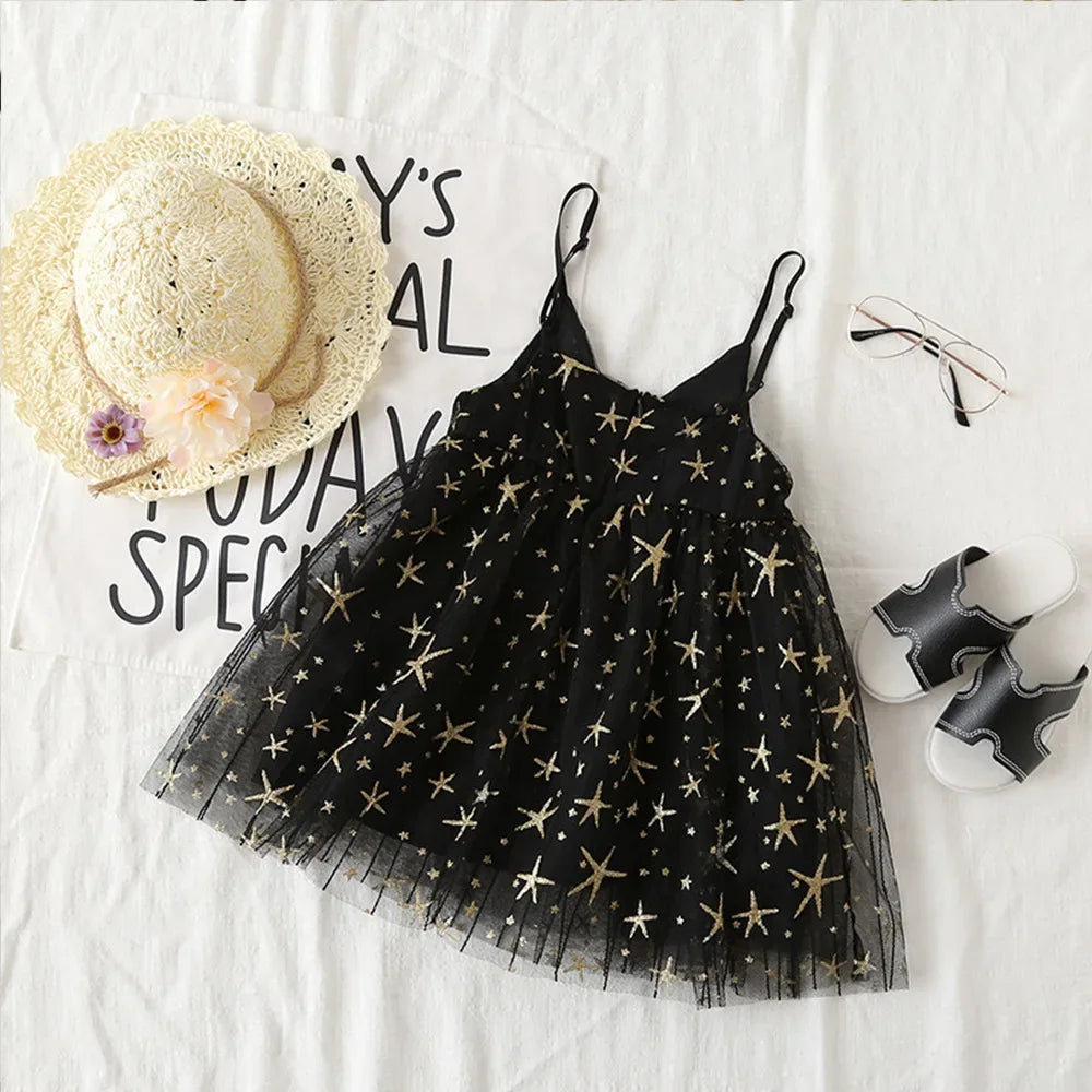 Star Sweetie Flowy Voile Dress - Enchanting Sleeveless Dress with Gold Stars - The Palm Beach Baby