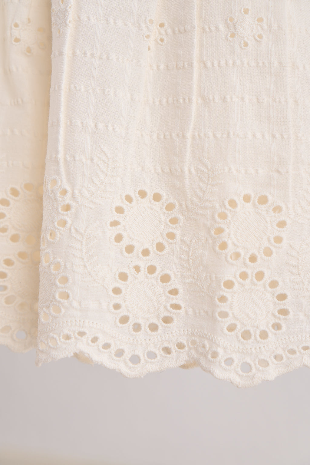 Close-up of a white lace fabric with a neutral background
