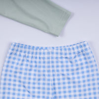 Blue and white checkered shorts on a light gray background