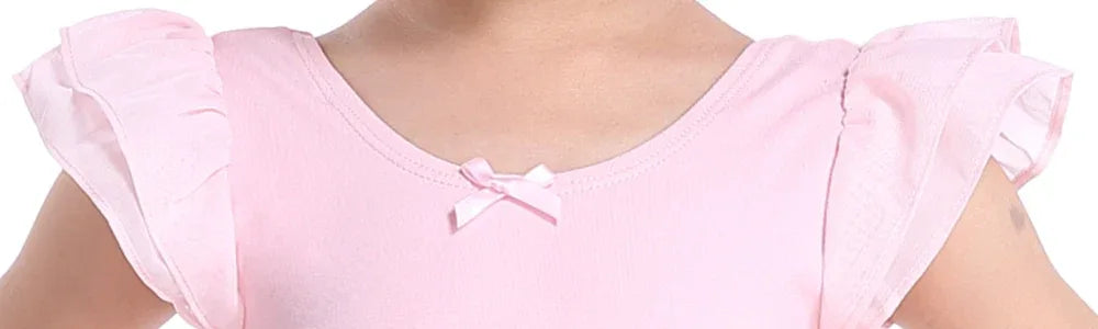 Light pink girls ballet tutu dress with ruffled short sleeves and small bow detail for toddlers