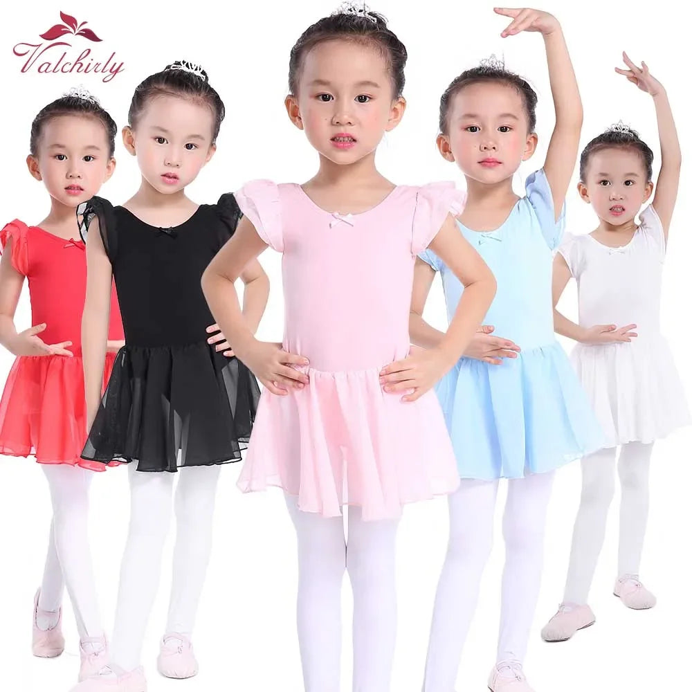 Girls ballet tutu dress in pink, black, red, blue, and white for toddlers with short sleeves and ruffle detail